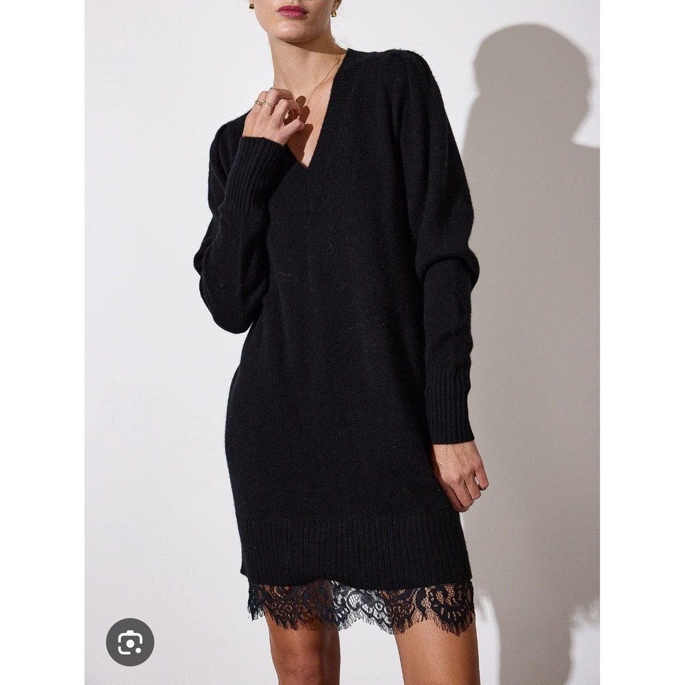Brochu Walker Black Wool Cashmere Lace Trim V Neck Sweater Dress XS‎